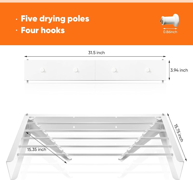 PROMOM Clothes Drying Rack 31.5 inches Foldable Wall Mount Laundry Rack Folding Indoor Drying Rack Clothing Collapsible Hidden Space Saver with Wall Template 5 Rods White - Image 5